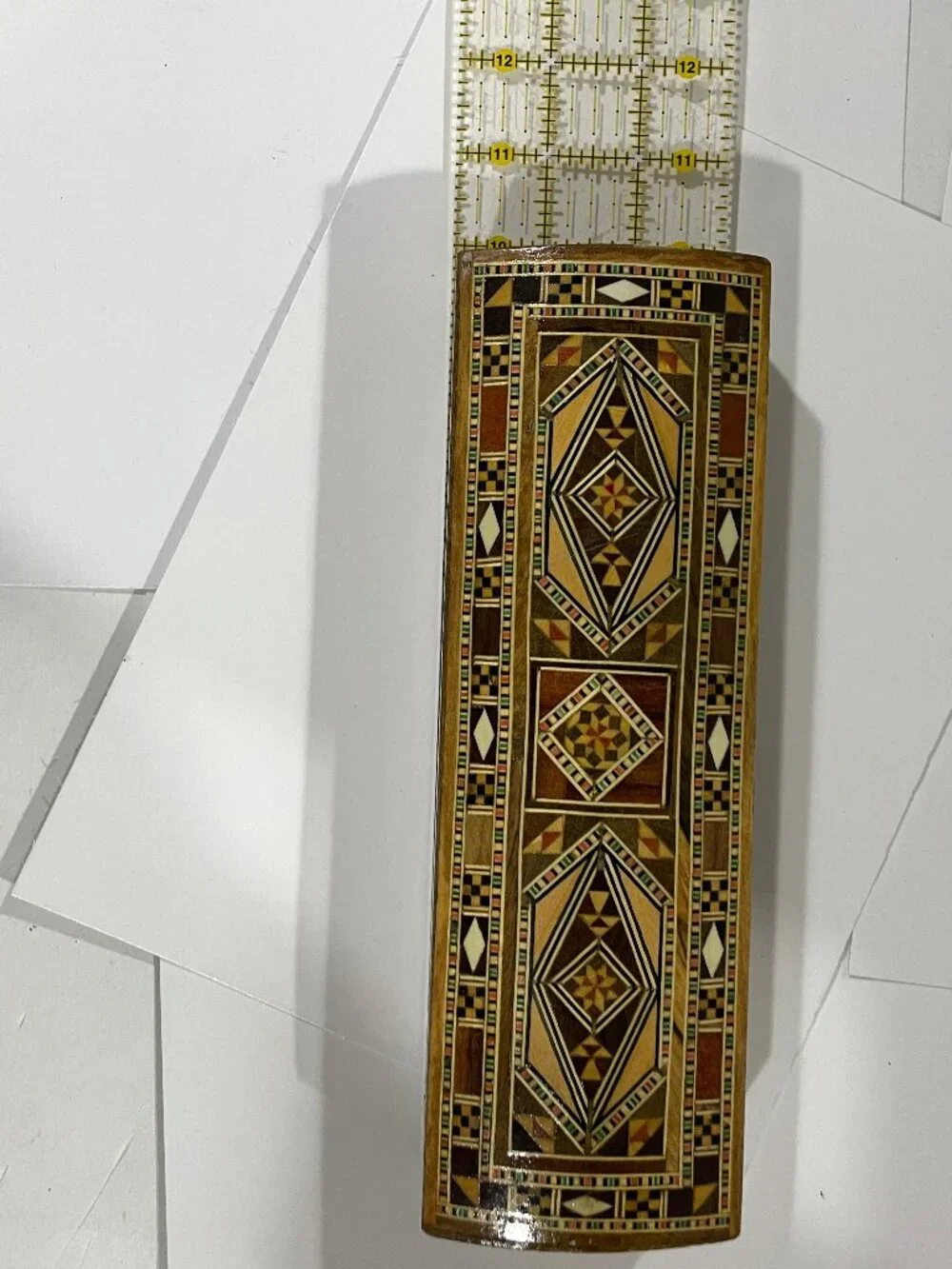 Vtg Persian Micro-Mosaic Wooden Marquetry Geometric Trinket Jewelry Box 9.25x3